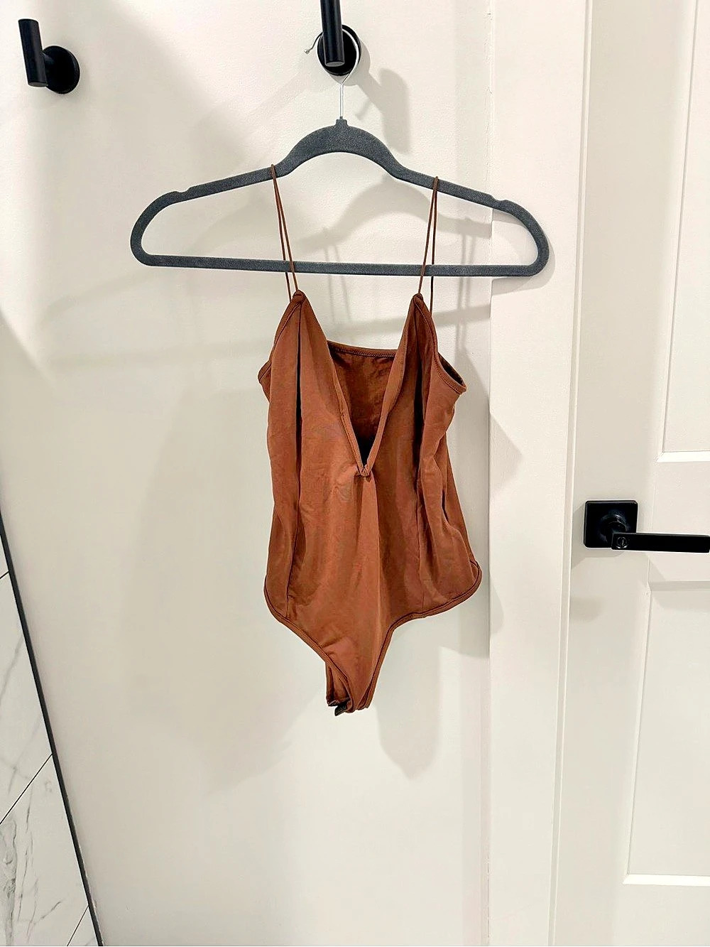 SHEIN Petite Solid Spaghetti Strap Bodysuit Brown